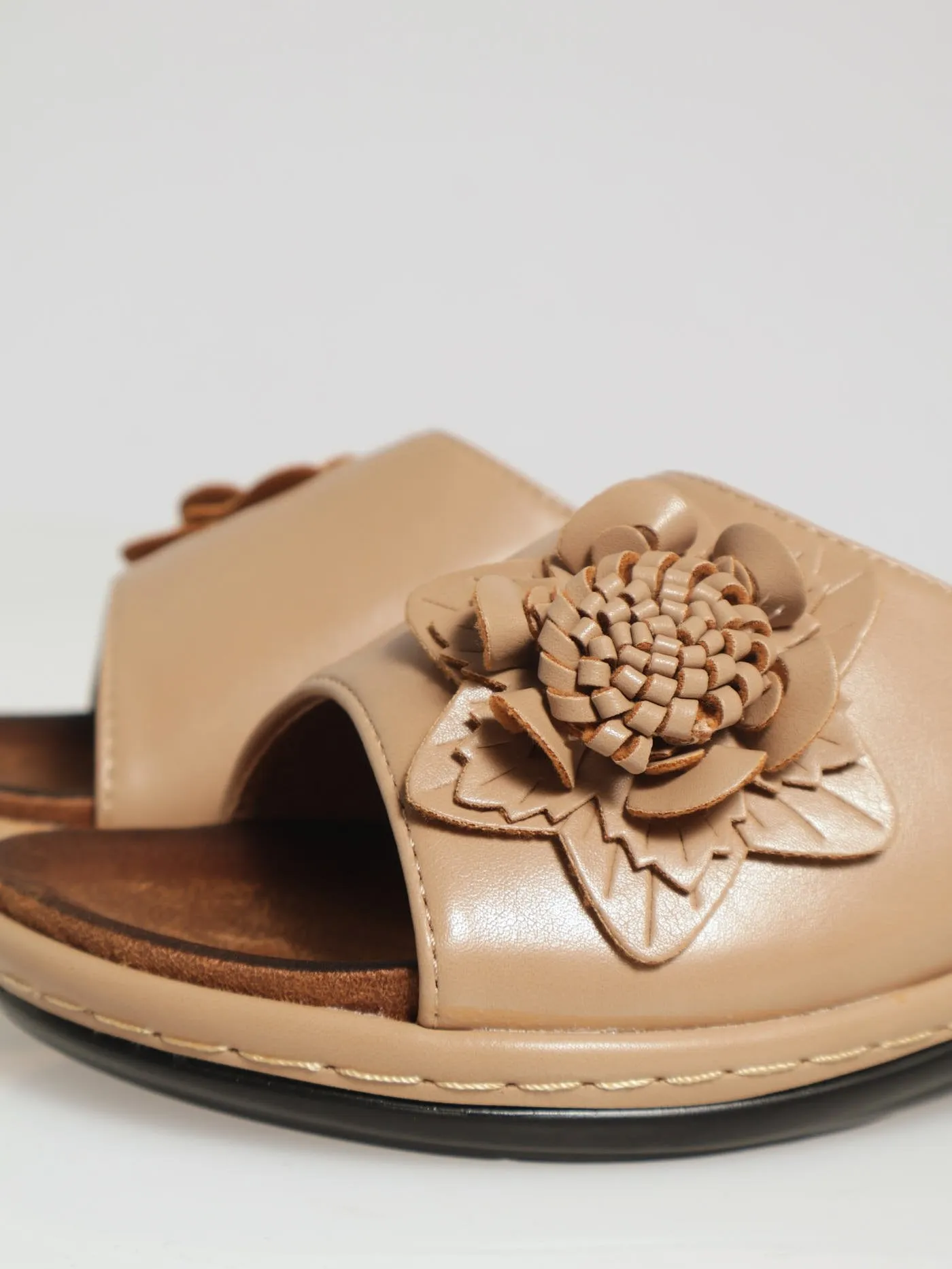 2 Flower Slip On Heeled Mule Sandal - Taupe