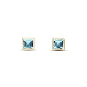 9ct Yellow Gold 3mm Aquamarine Princess Cut Rubover Earrings