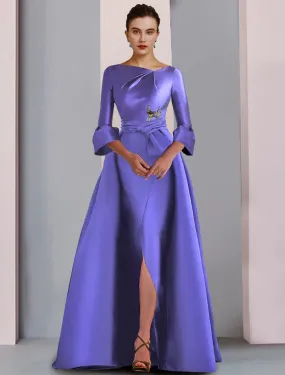 A-Line Mother of the Bride Dress Formal Party Elegant Scoop Neck Floor Length Satin 3/4 Length Sleeve with Bow(s) Pleats Embroidery