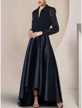 A-Line Mother of the Bride Dress Wedding Guest Party Elegant Shirt Collar Asymmetrical Floor Length Satin Long Sleeve with Lace Bow(s) Ruching