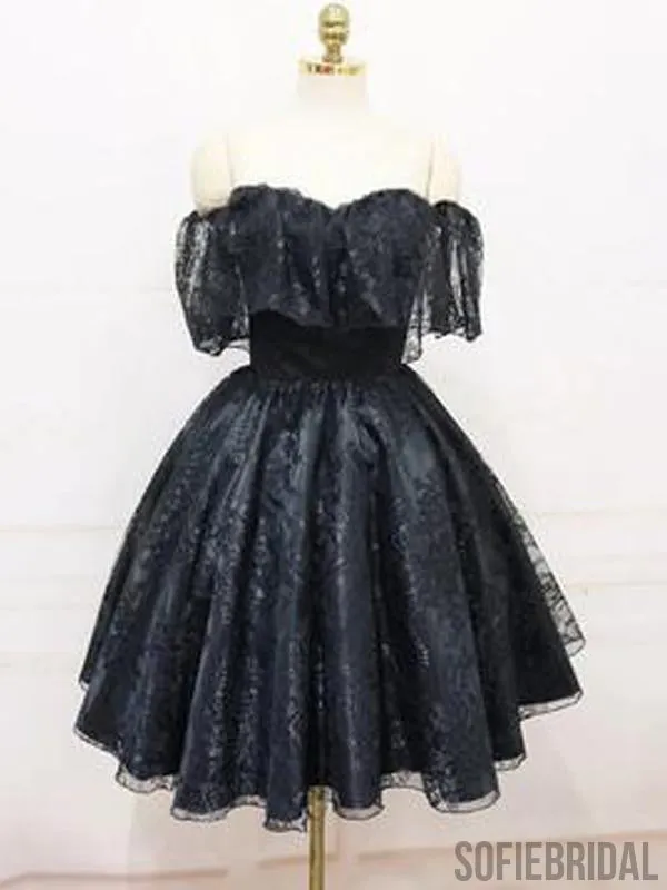 A-line Off Shoulder Cheap Black Lace Homecoming Dresses 2018, CM437