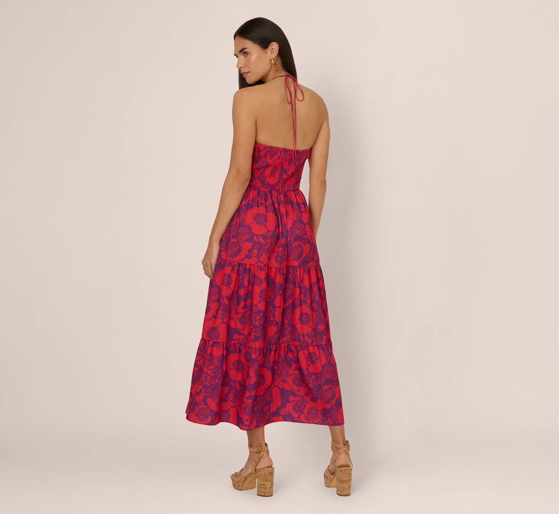 Abstract Flower Print Maxi Dress With Halter Neckline In Purple Red