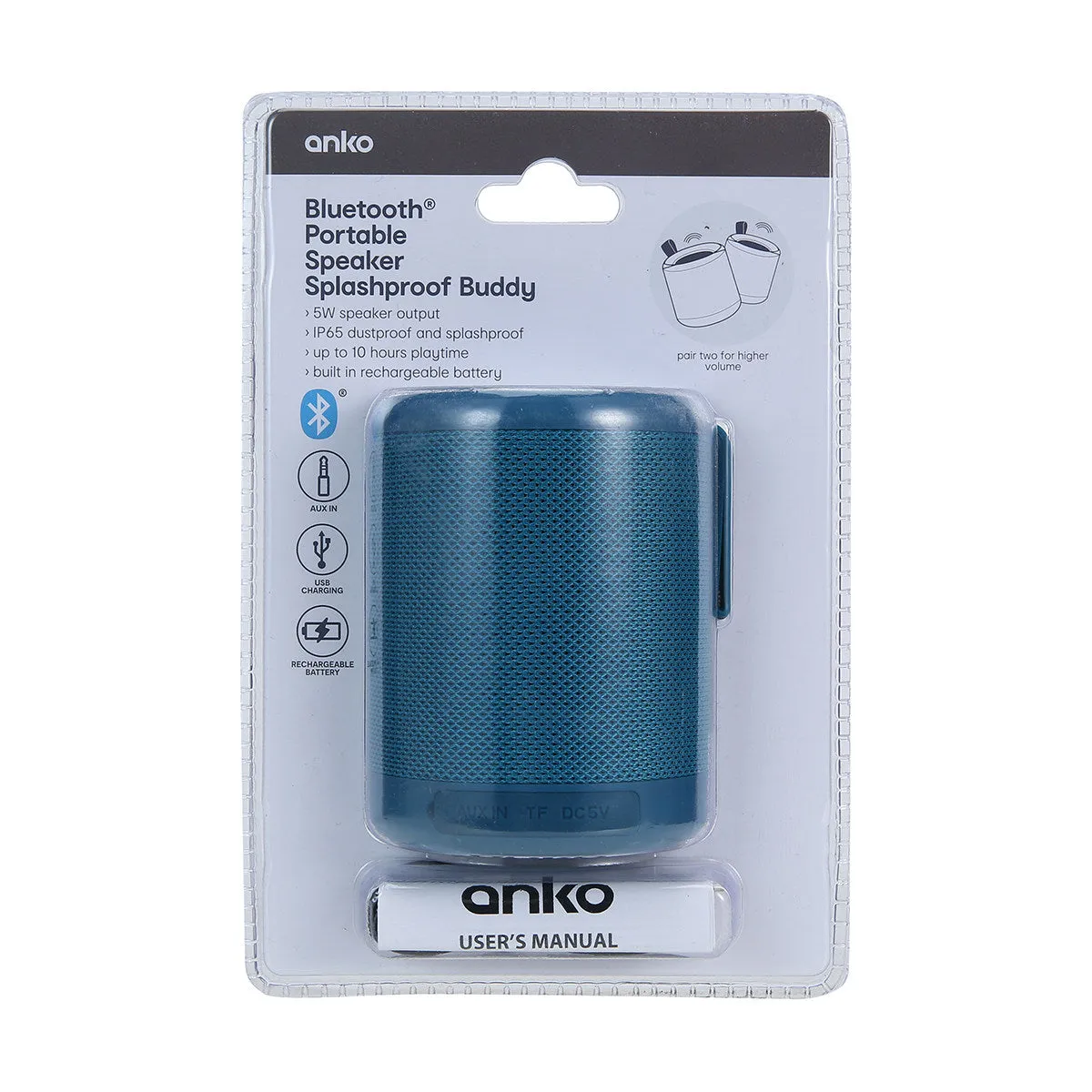 Anko Splashproof Buddy 5W Bluetooth Portable Speaker - 3 Colours with Rechargeable Battery