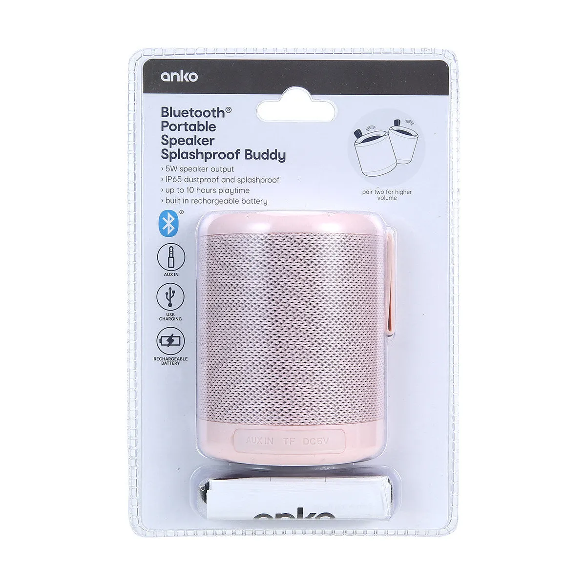 Anko Splashproof Buddy 5W Bluetooth Portable Speaker - 3 Colours with Rechargeable Battery