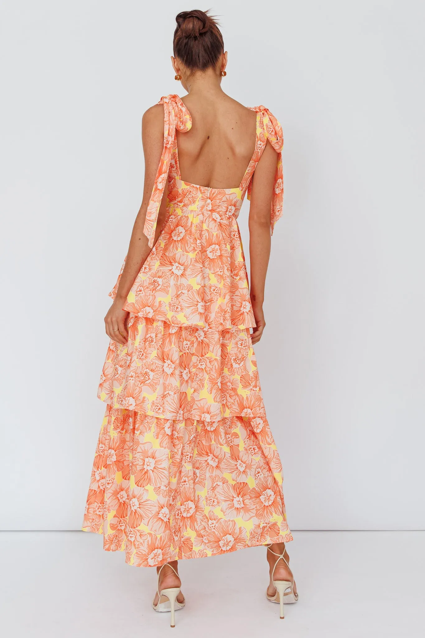 Arlowe Tied Shoulder Tiered Midi Dress Floral Orange