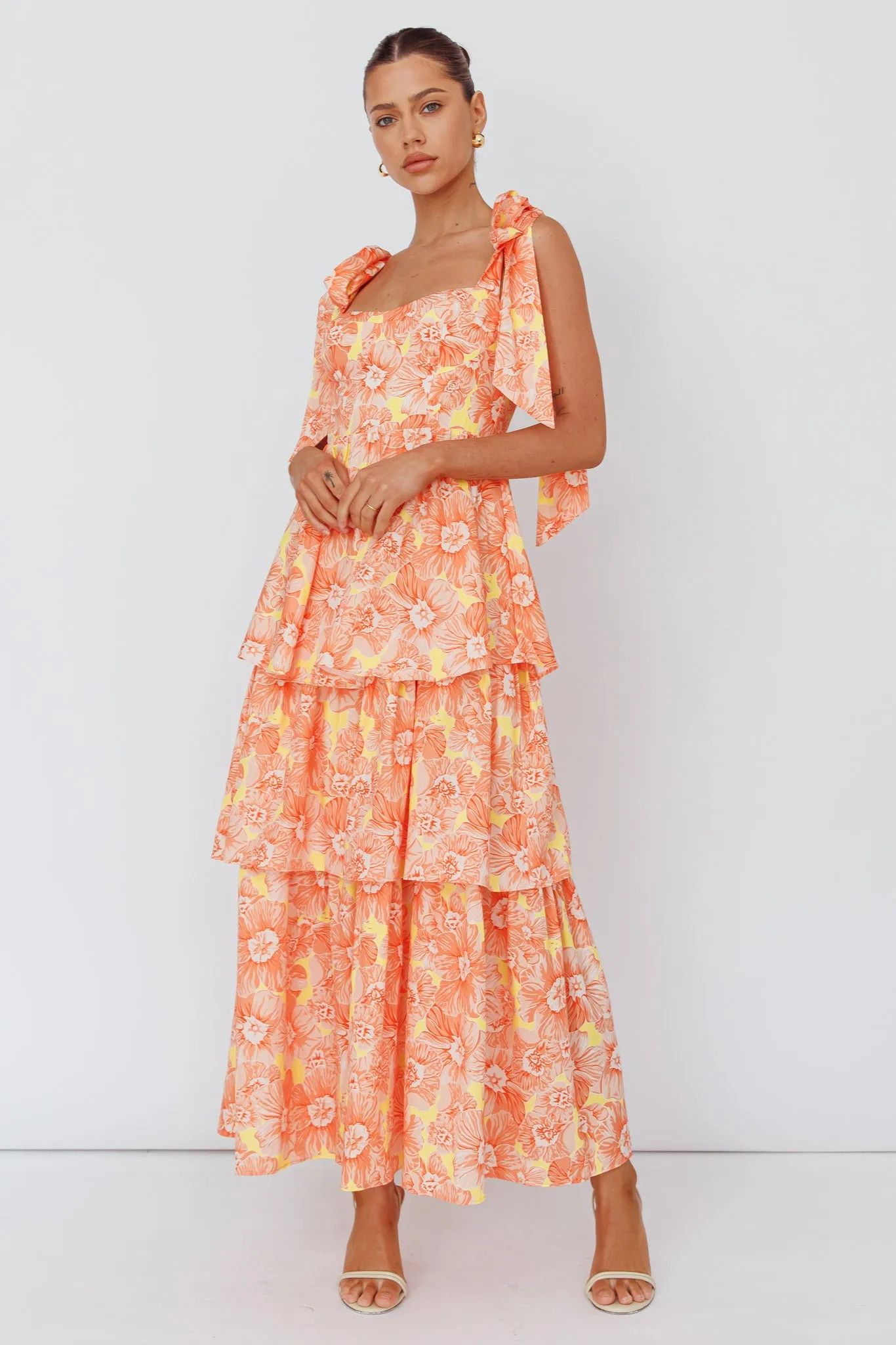 Arlowe Tied Shoulder Tiered Midi Dress Floral Orange