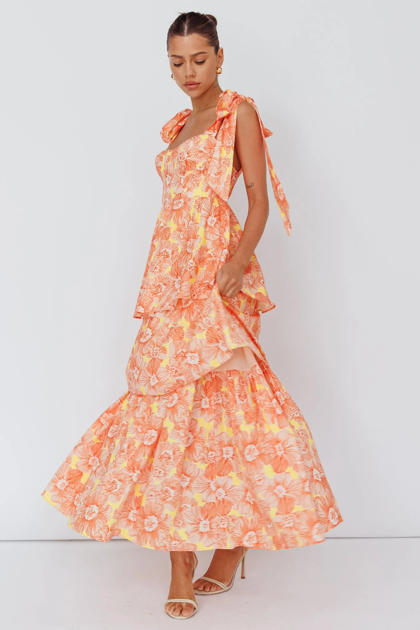 Arlowe Tied Shoulder Tiered Midi Dress Floral Orange