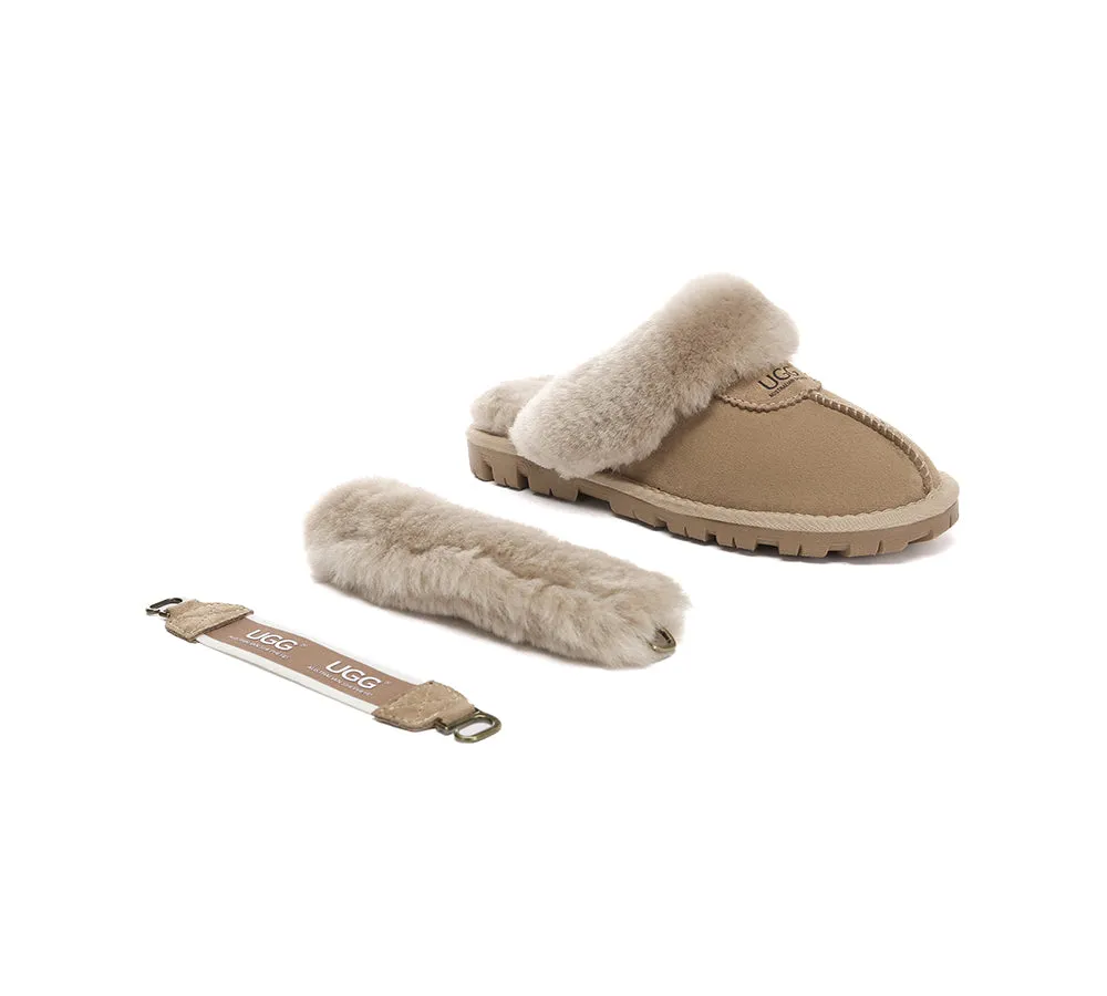 AUSTRALIAN SHEPHERD® UGG Slippers Women Removable Wool Fluffy Strap Slingback Waffle