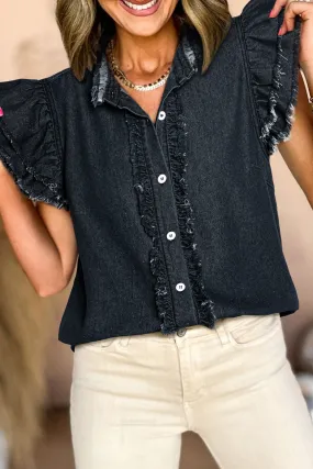 Black Button Front Ruffled Flutter Frayed Denim Top