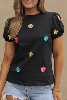 Black Embroidered Flower Short Puff Sleeve Tee