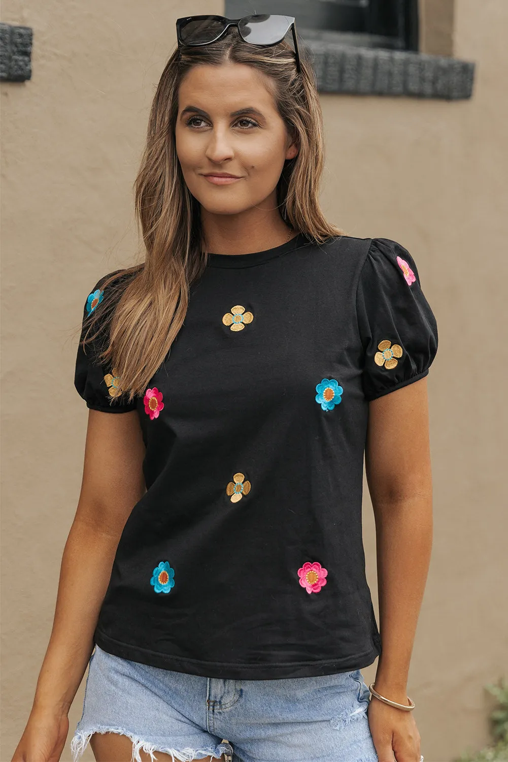 Black Embroidered Flower Short Puff Sleeve Tee