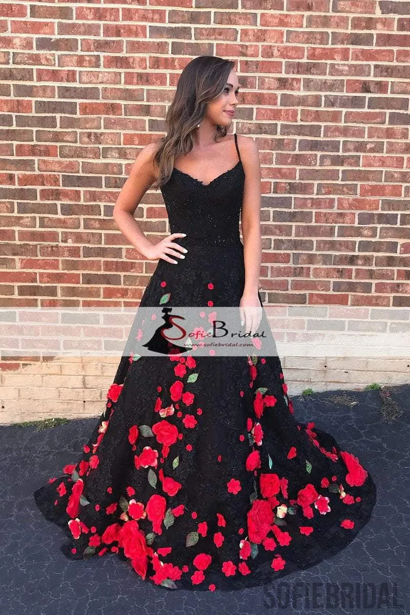 Black Lace Handmade Flowers Prom Dresses, A-line Prom Dresses, Lovely Prom Dresses, PD0464