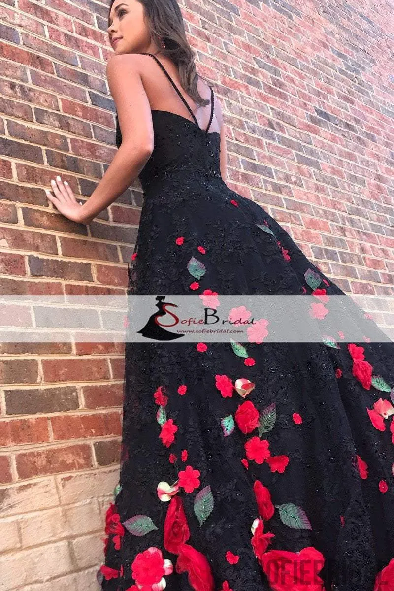 Black Lace Handmade Flowers Prom Dresses, A-line Prom Dresses, Lovely Prom Dresses, PD0464