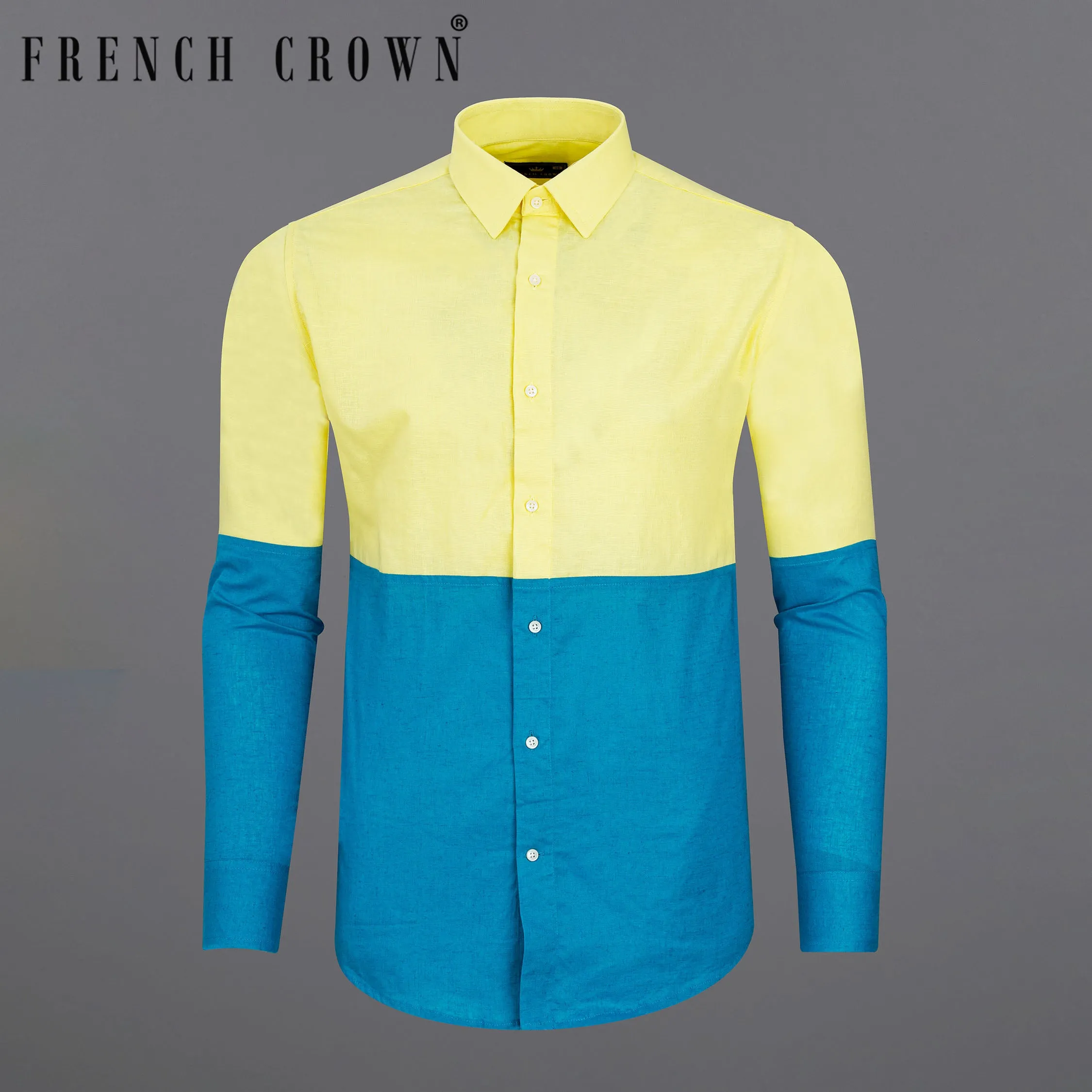 Blond Yellow with Bondi Blue Luxurious Linen Designer Shirt