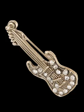 Clear Crystal Guitar Brooch Pin In Antique Gold & Antique Silver Tone finish