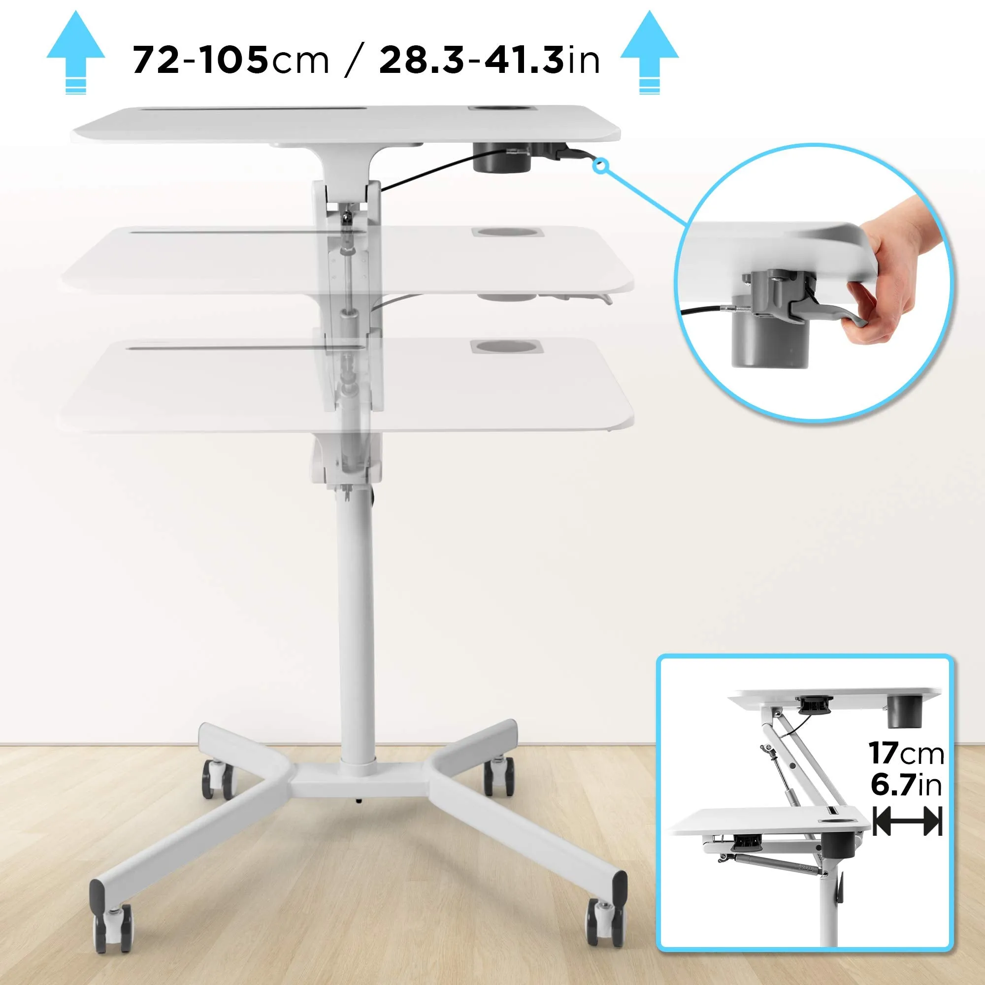 Duronic Sit-Stand Desk WPS57 | WHITE Ergonomic Desk with Tablet Support & Cup Holder | Multi-Use Table on Wheels | 70x52cm Platform | Adjustable Height & Reach | 10kg Capacity | For Home/Office…