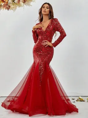 Elegant Long Sleeves Mesh Insert Mermaid Sequin Dress