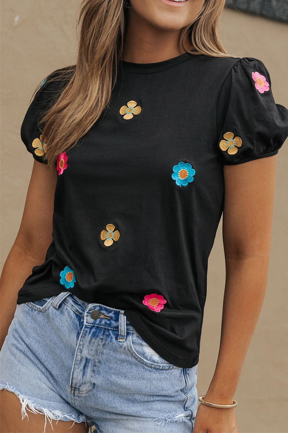 Embroidered Flower Short Puff Sleeve Tee