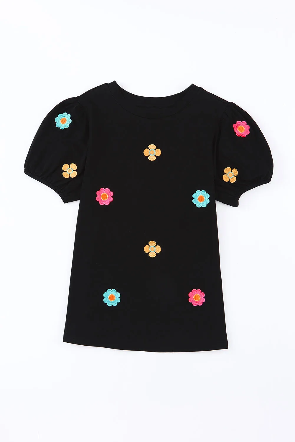 Embroidered Flower Short Puff Sleeve Tee