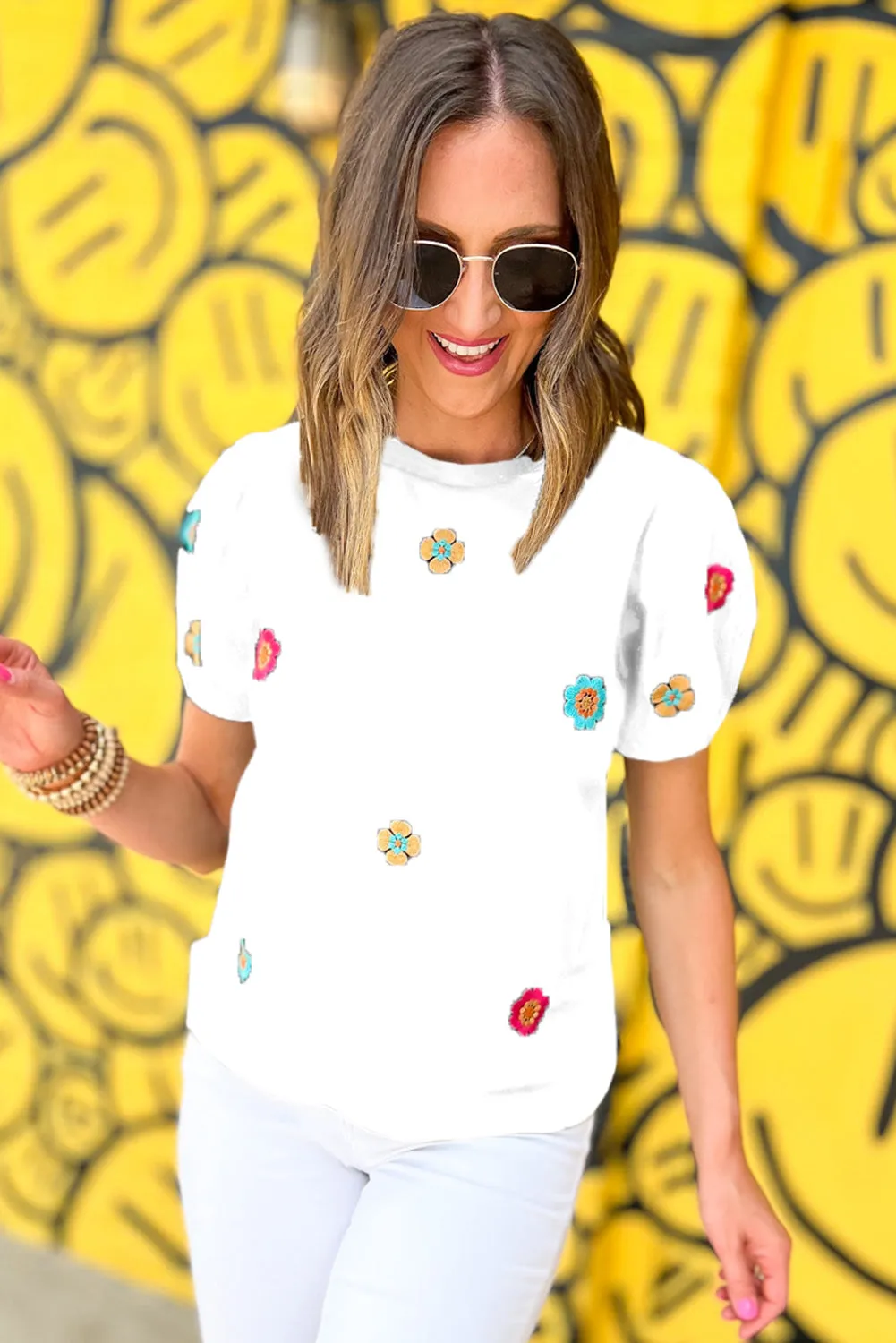 Embroidered Flower Short Puff Sleeve Tee