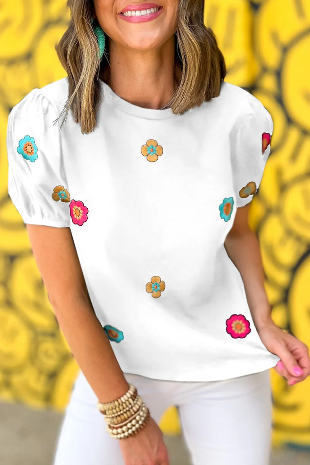 Embroidered Flower Short Puff Sleeve Tee