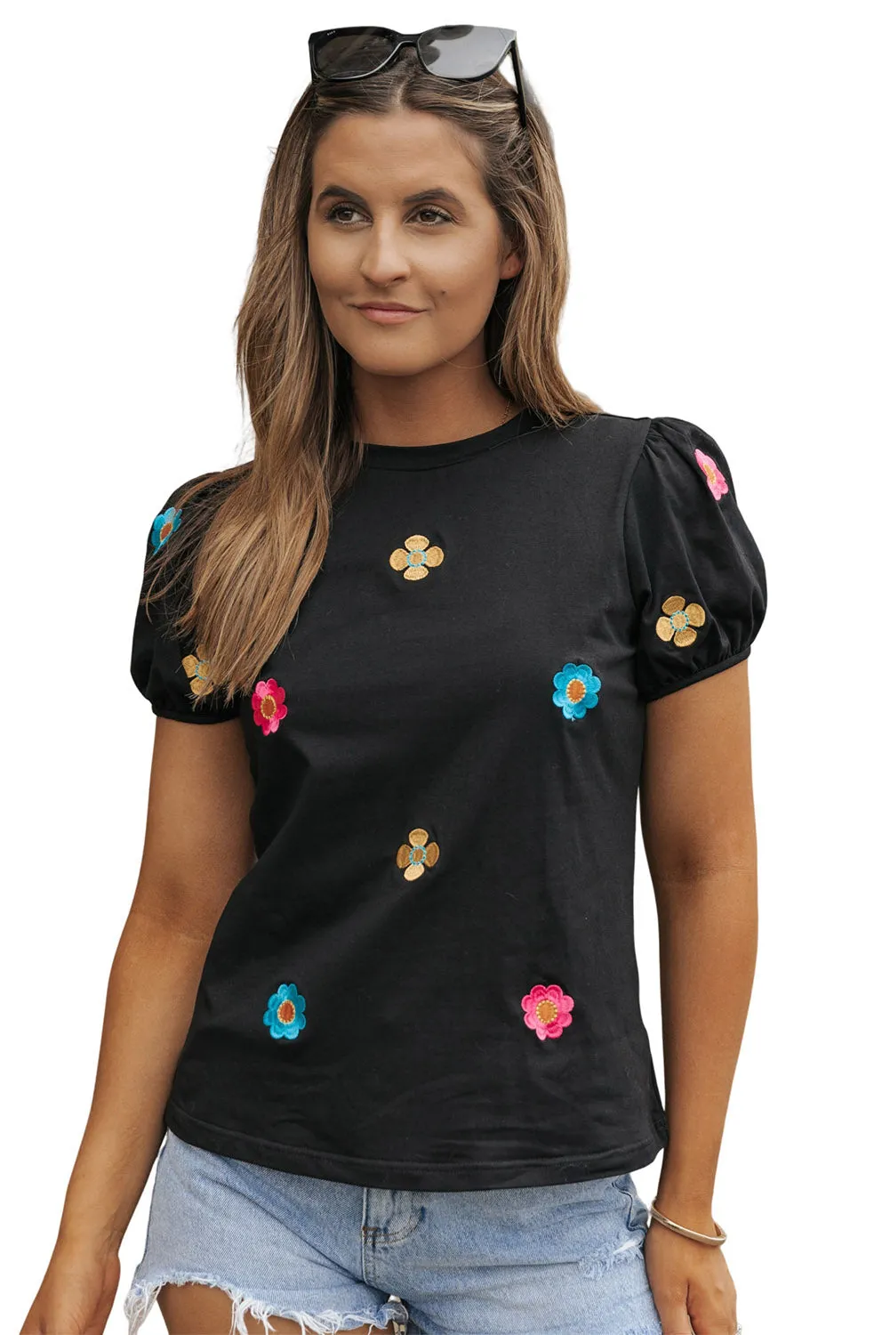 Embroidered Flower Short Puff Sleeve Tee