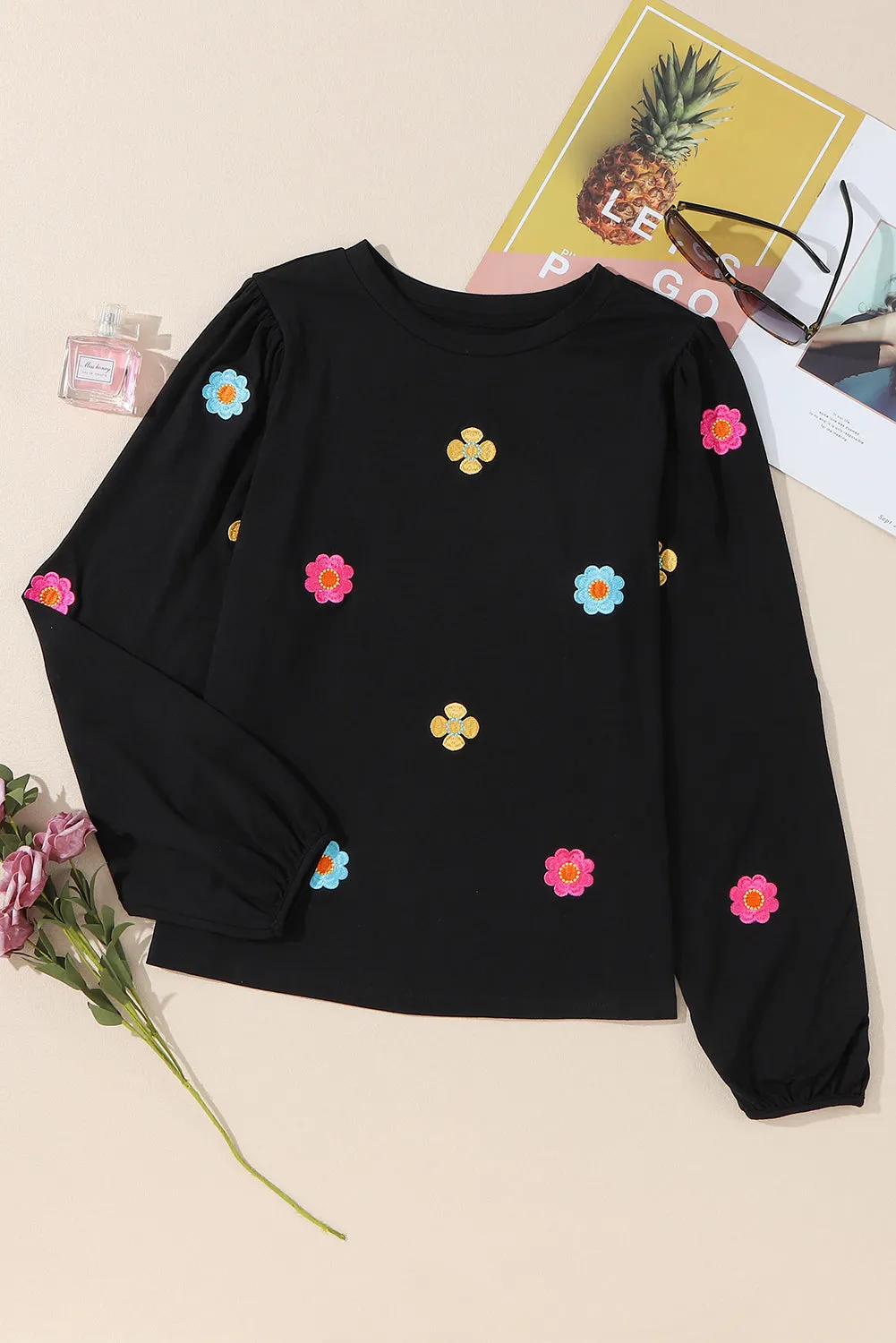 Embroidered Flower Short Puff Sleeve Tee