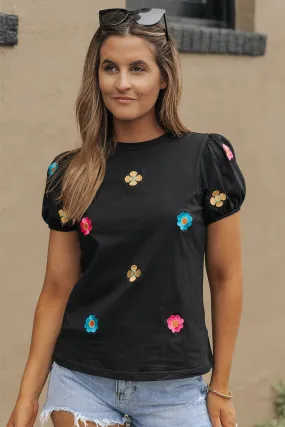 Embroidered Flower Short Puff Sleeve Tee