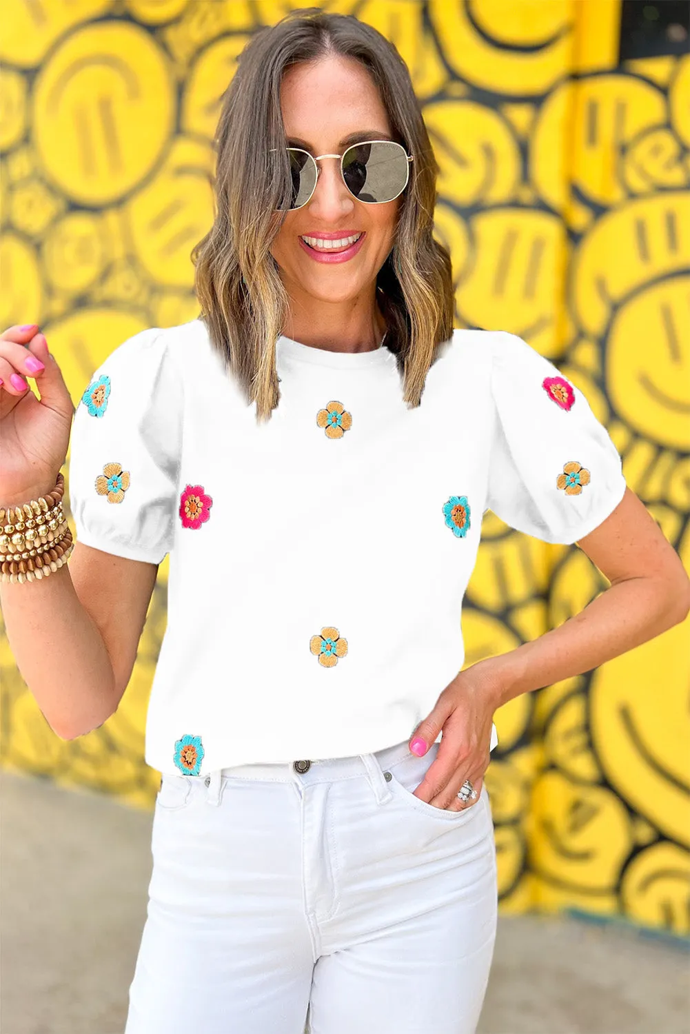 Embroidered Flower Short Puff Sleeve Tee