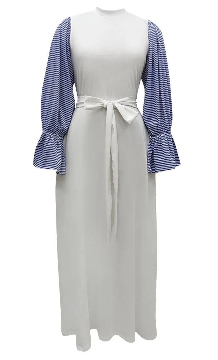 Everydaywear White And Blue Cotton Jersey Abaya With Pockets - Final Sale