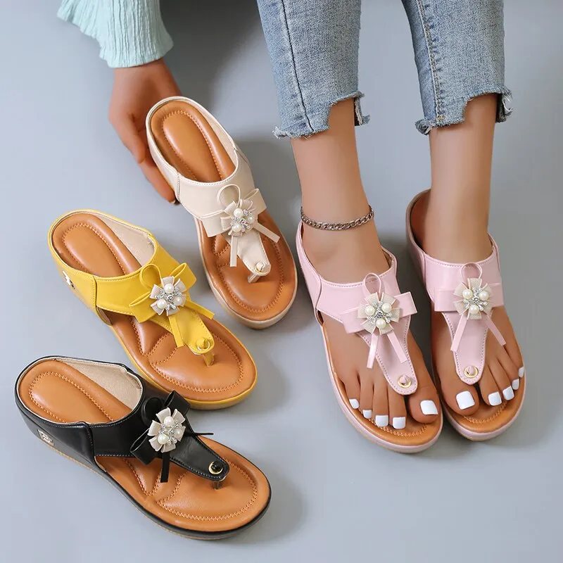 GRW Orthopedic Sandals Women Vintage Flower Rhinestones Flip-flops Extra Comfy Summer Anti-slip Soles