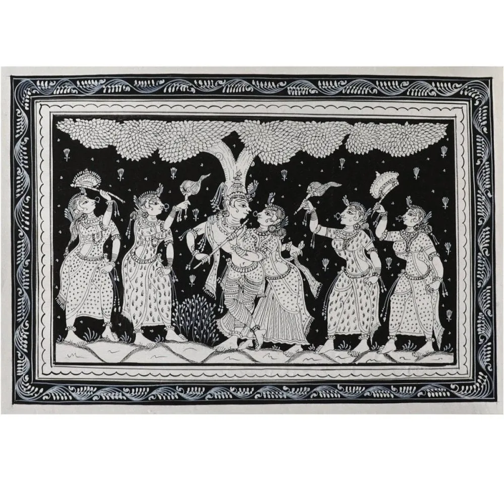 Pattachitra Krishna Leela Black and white painting