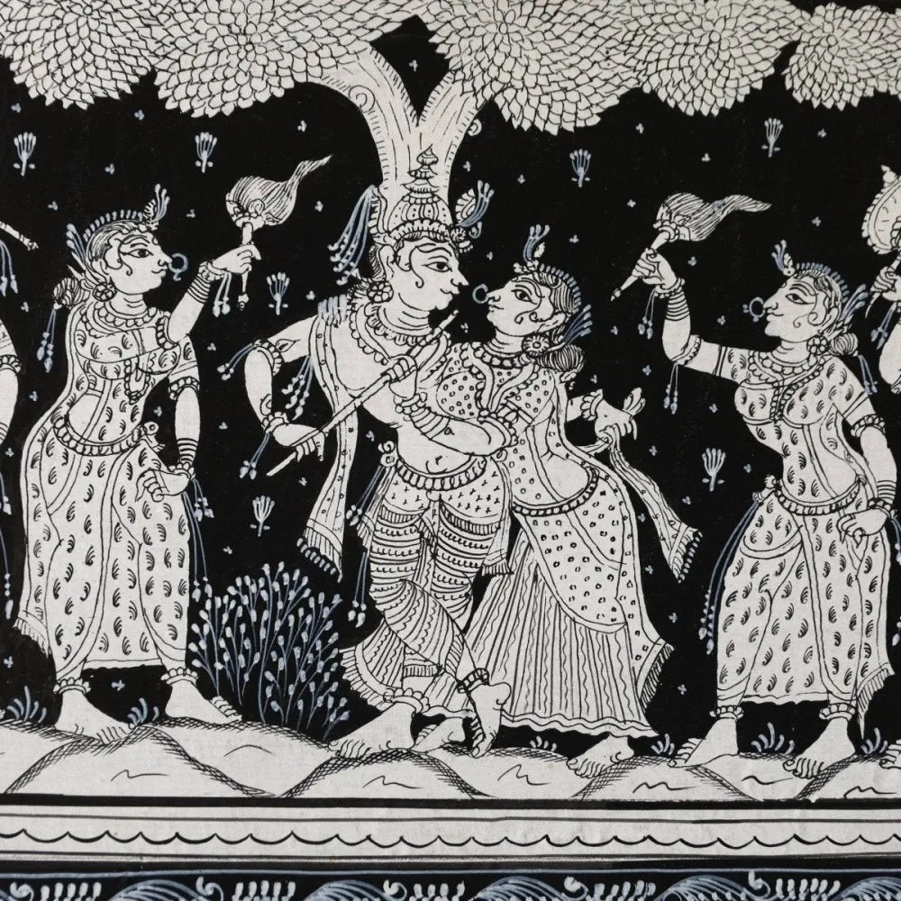 Pattachitra Krishna Leela Black and white painting