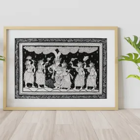 Pattachitra Krishna Leela Black and white painting