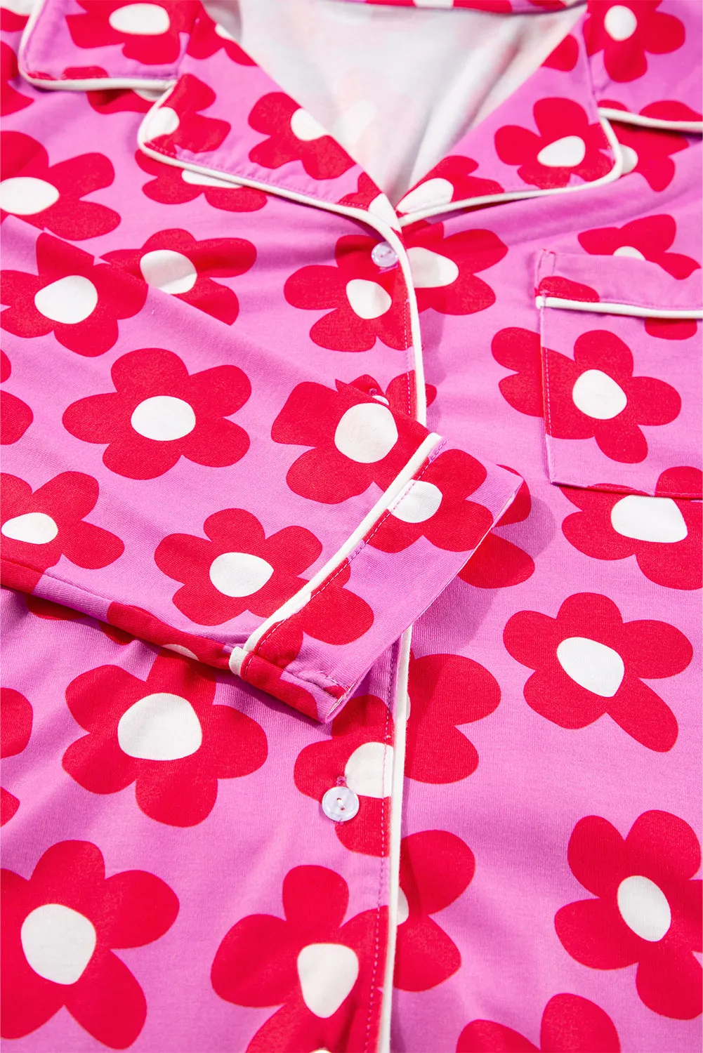 Pink Flower Print Long Sleeve Shirt Shorts Pajamas Set