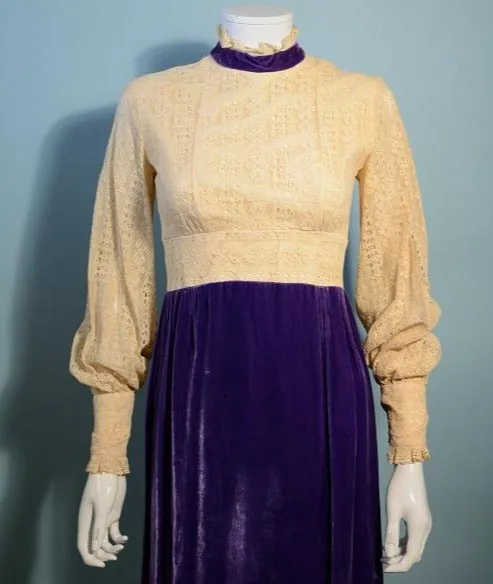 SOLD Vintage 60s Mod Purple Velvet   Lace Empire Waist Party Mini Dress XS