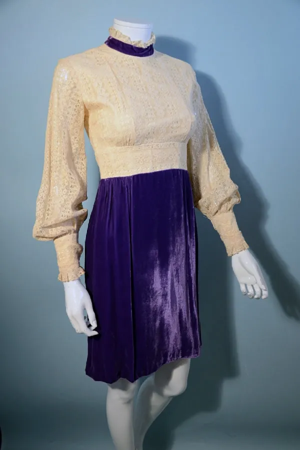 SOLD Vintage 60s Mod Purple Velvet   Lace Empire Waist Party Mini Dress XS