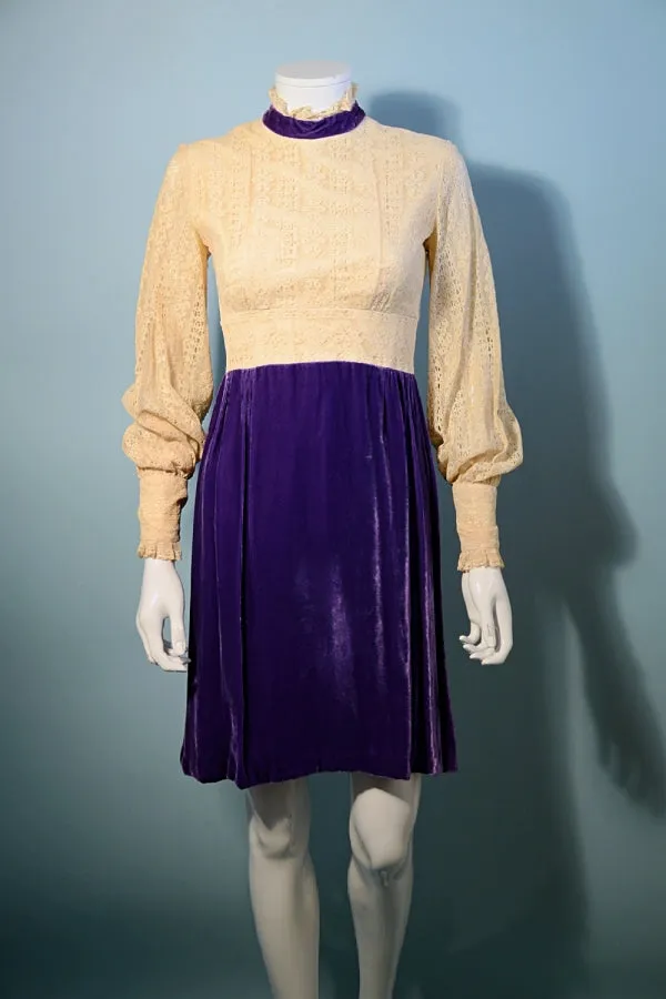 SOLD Vintage 60s Mod Purple Velvet   Lace Empire Waist Party Mini Dress XS