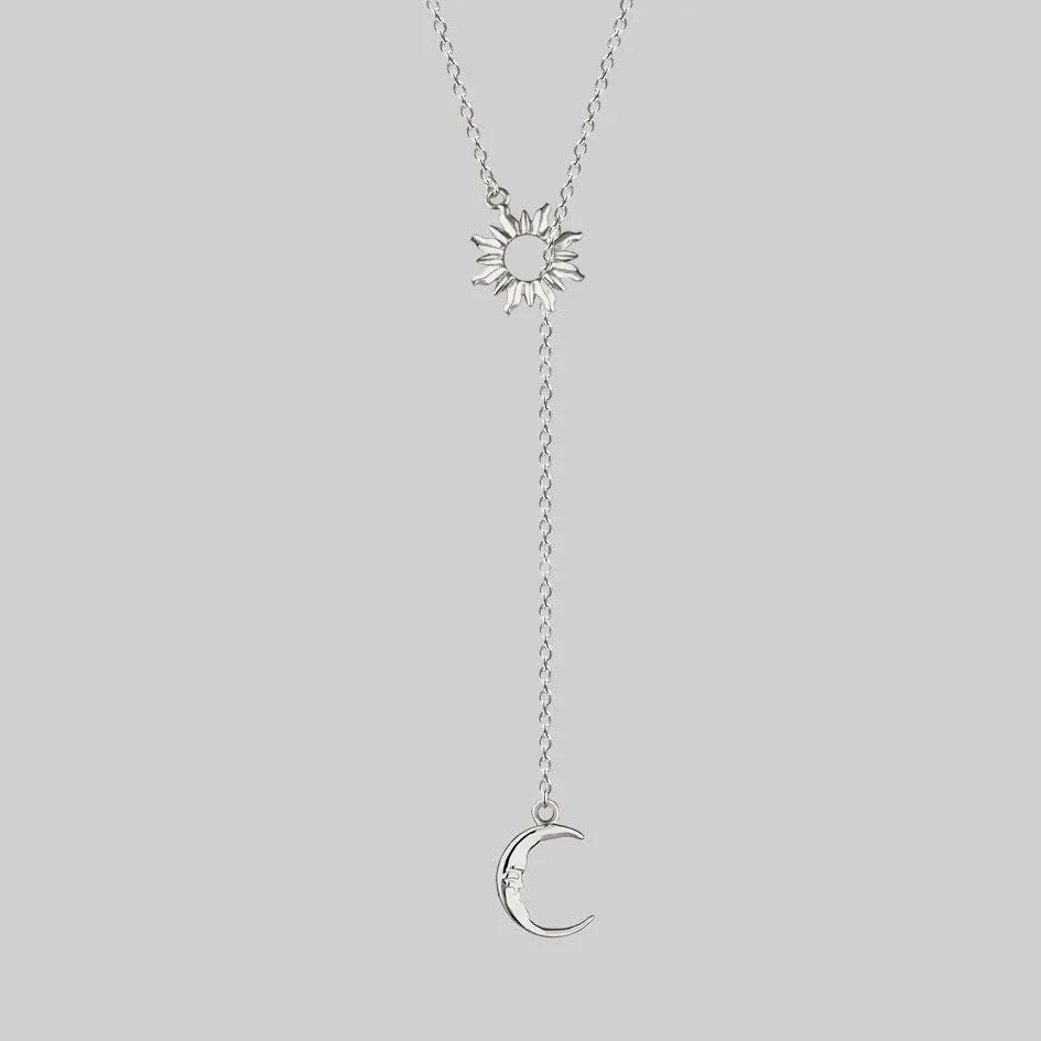 SOLSTICE. Sun & Moon Lariat Necklace - Silver