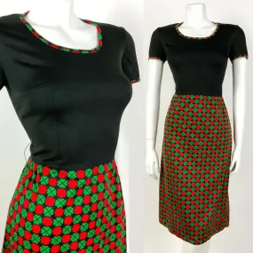 VINTAGE 60s 70s BLACK RED GREEN FLORAL CHECKERBOARD MOD DRESS 10