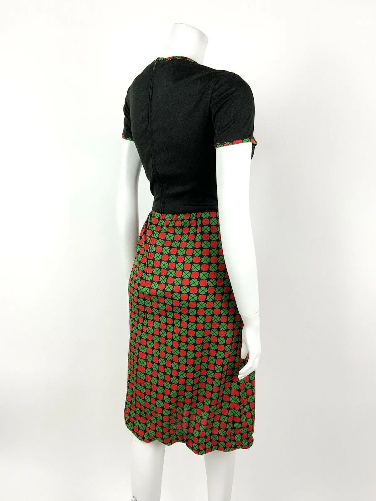 VINTAGE 60s 70s BLACK RED GREEN FLORAL CHECKERBOARD MOD DRESS 10