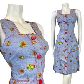 VINTAGE 60s 70s BLUE RED YELLOW FLOWER BOUQUET APRON PINAFORE DRESS 8