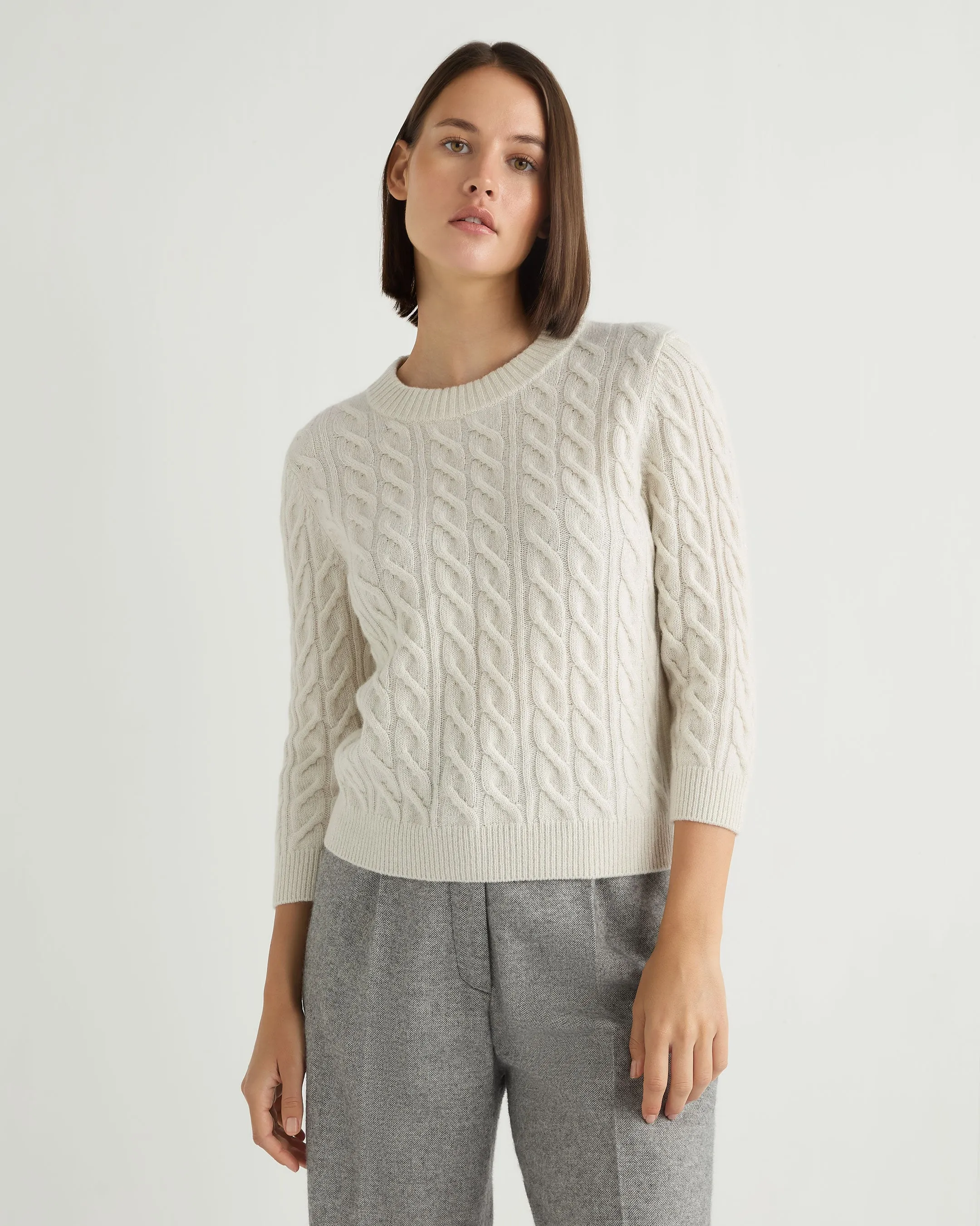 Women's Emilia Cable Round Neck Cashmere Jumper With Lurex Snow Grey Sparkle